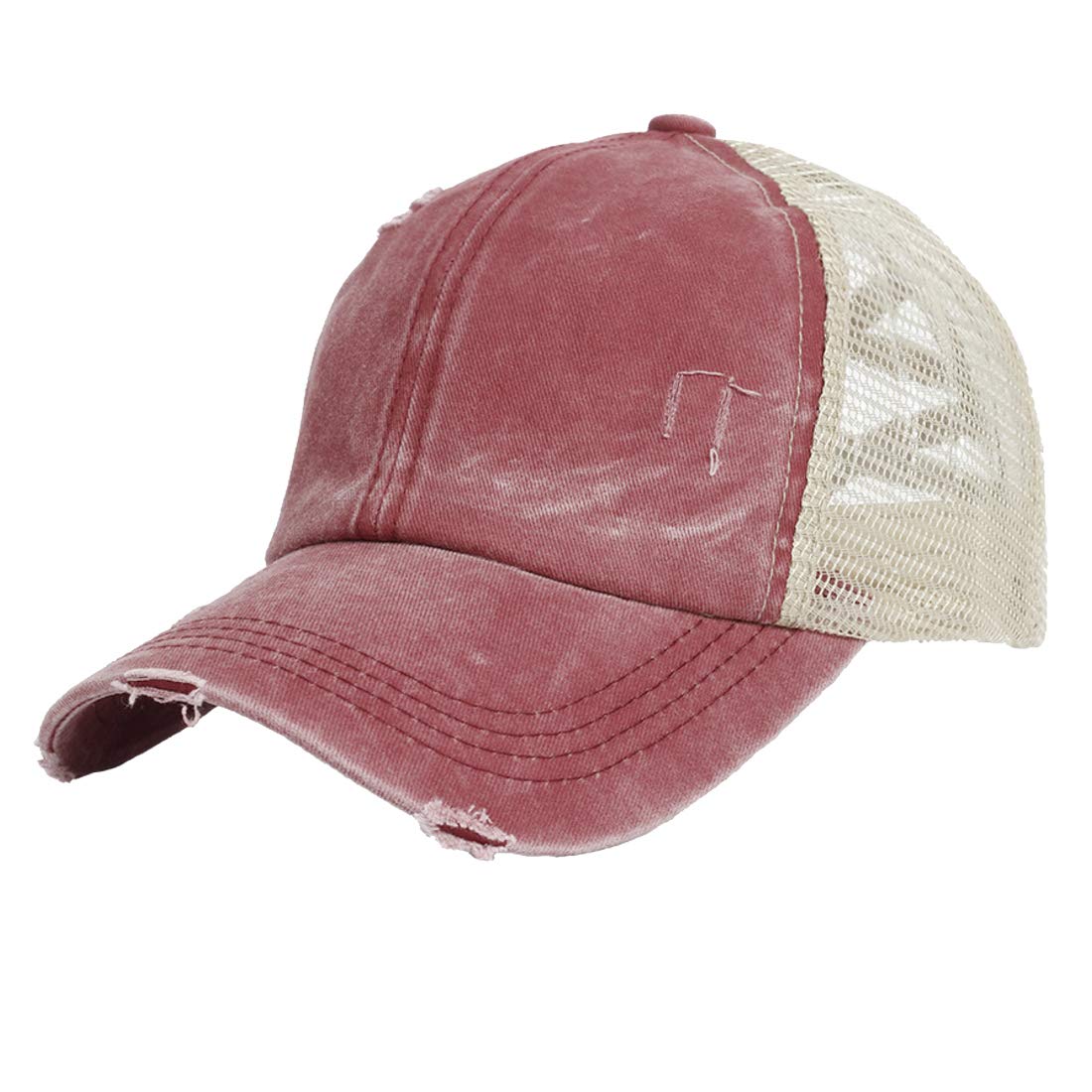Simoda Women's Wine Red Criss Cross Baseball Cap Washed Distressed Cotton Denim Ponytail Messy Bun Trucker Caps (Wine Red)