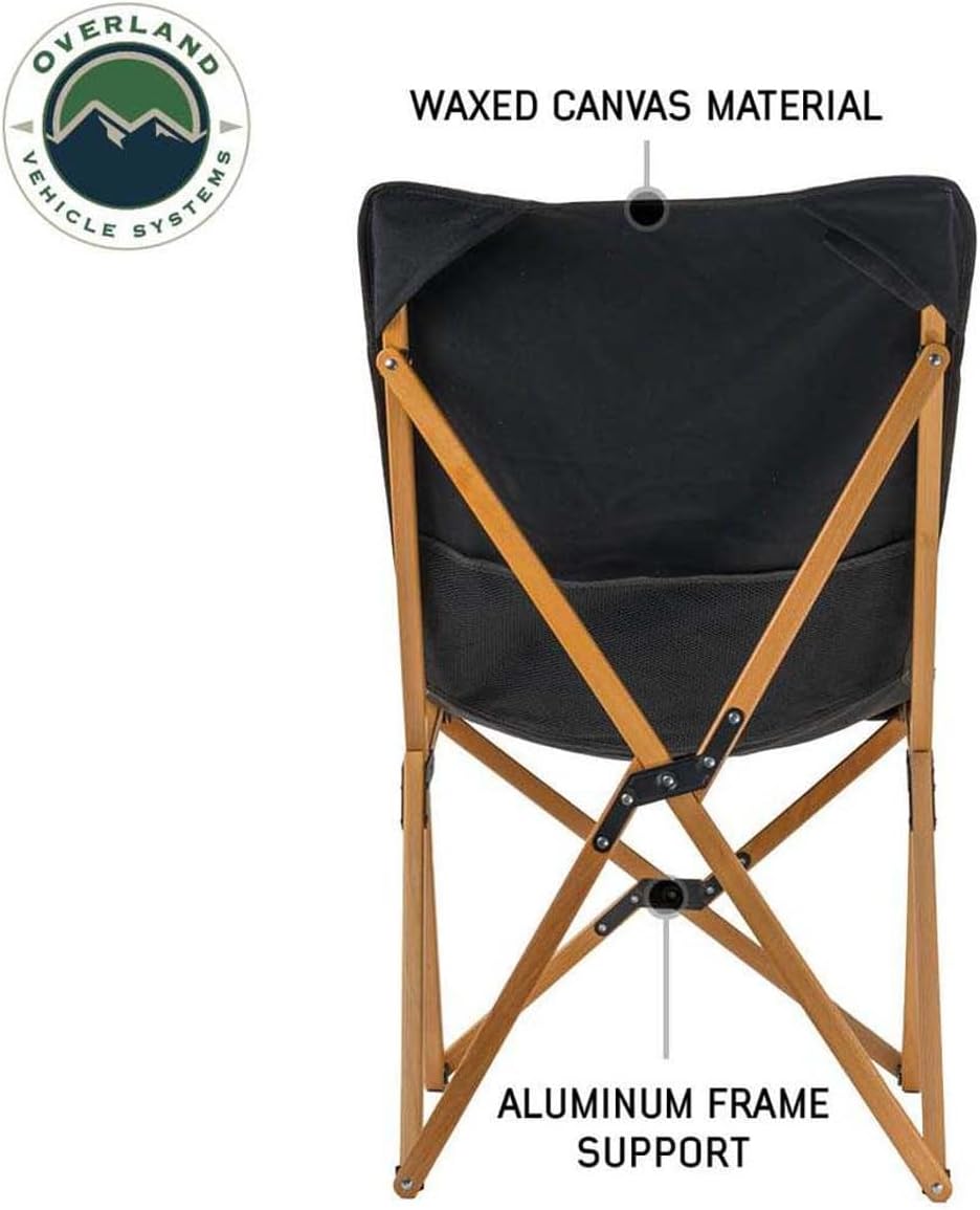 Overland Vehicle Systems Kick It Camp Chair - Black Canvas Body with Wood Base & Storage Bag