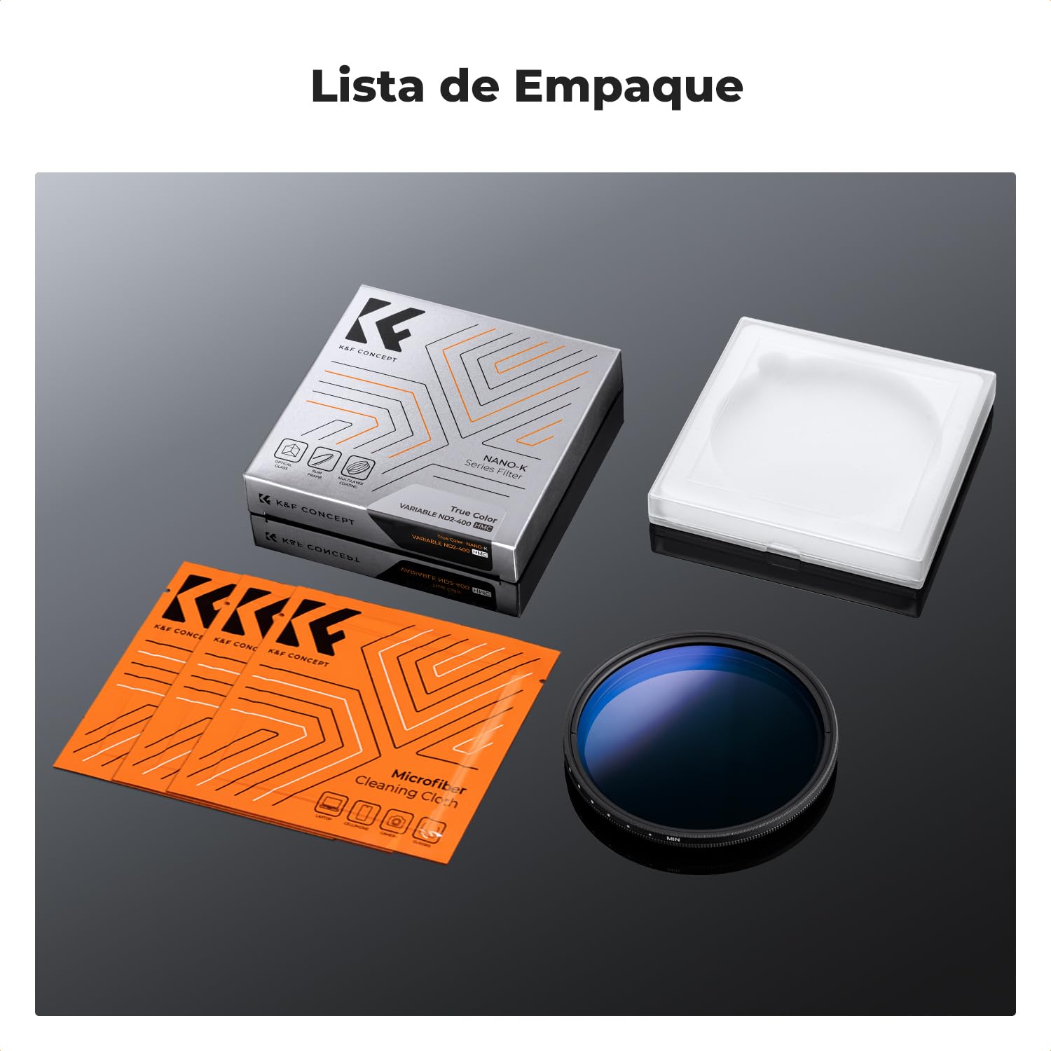 K&F CONCEPT Nano-Klear True Color ND Filtro Variable ND2-400,37mm ND2-400 Filtro de Densidad Neutra Variable de Vidrio Óptico con 3 Paños de Limpieza