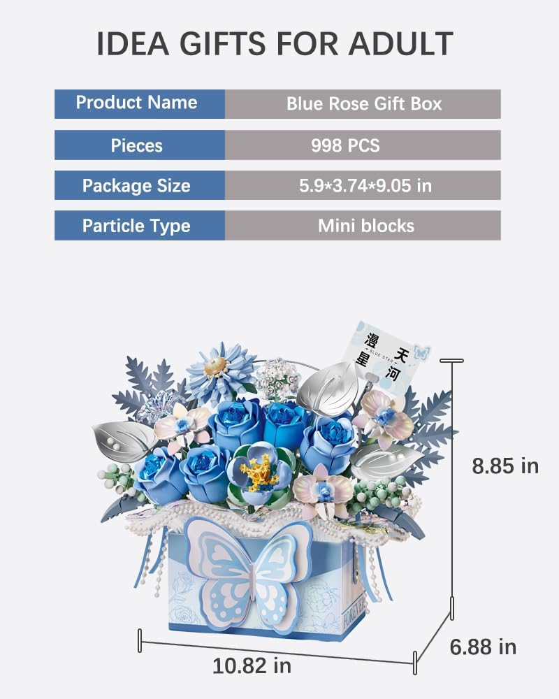 Mini Portable Block Flower Set, Blue Rose Creative Eternal Flower Gifts Box with Romantic Light, Home Decor or Birthday/Valentine's Day Gifts for Girls, 998 PCS (1968)