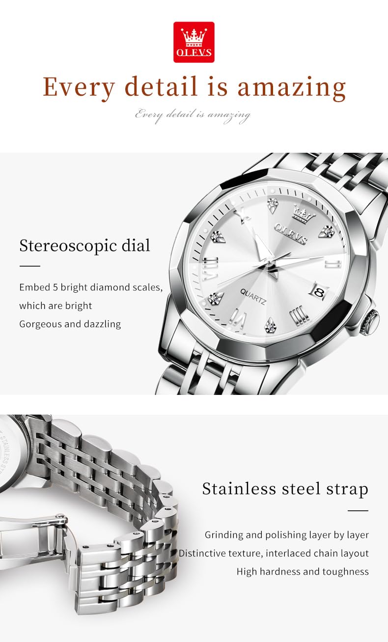OLEVS Montre Femme Analogique Quartz Acier Inoxydable Étanche Lumineuse Diamant Chic Élégante Cadeau