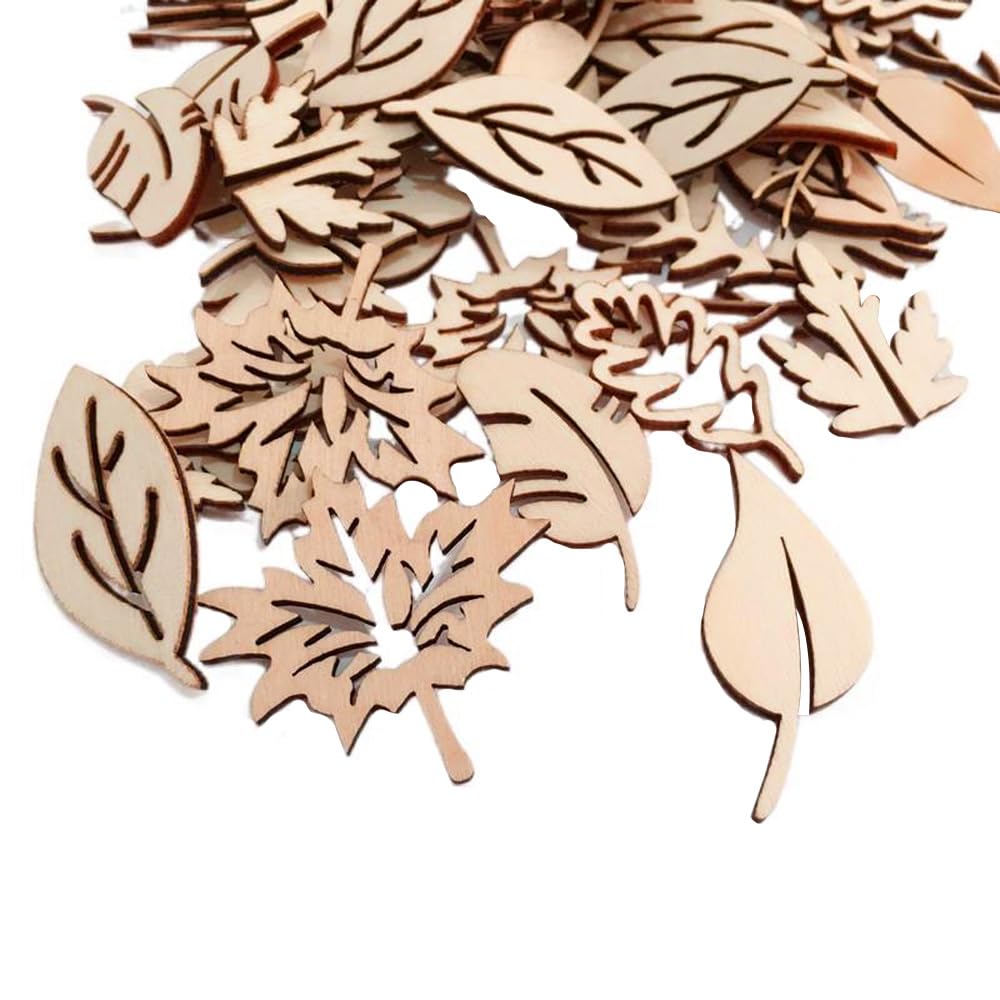 FONGKNOX 50 Pcs Wooden Leaves Unfinished Wood Cutouts Wooden Leaves Shape Ornaments Wood Drawing Leaves Wood Discs Slices for DIY Craft Wedding Birthday Party