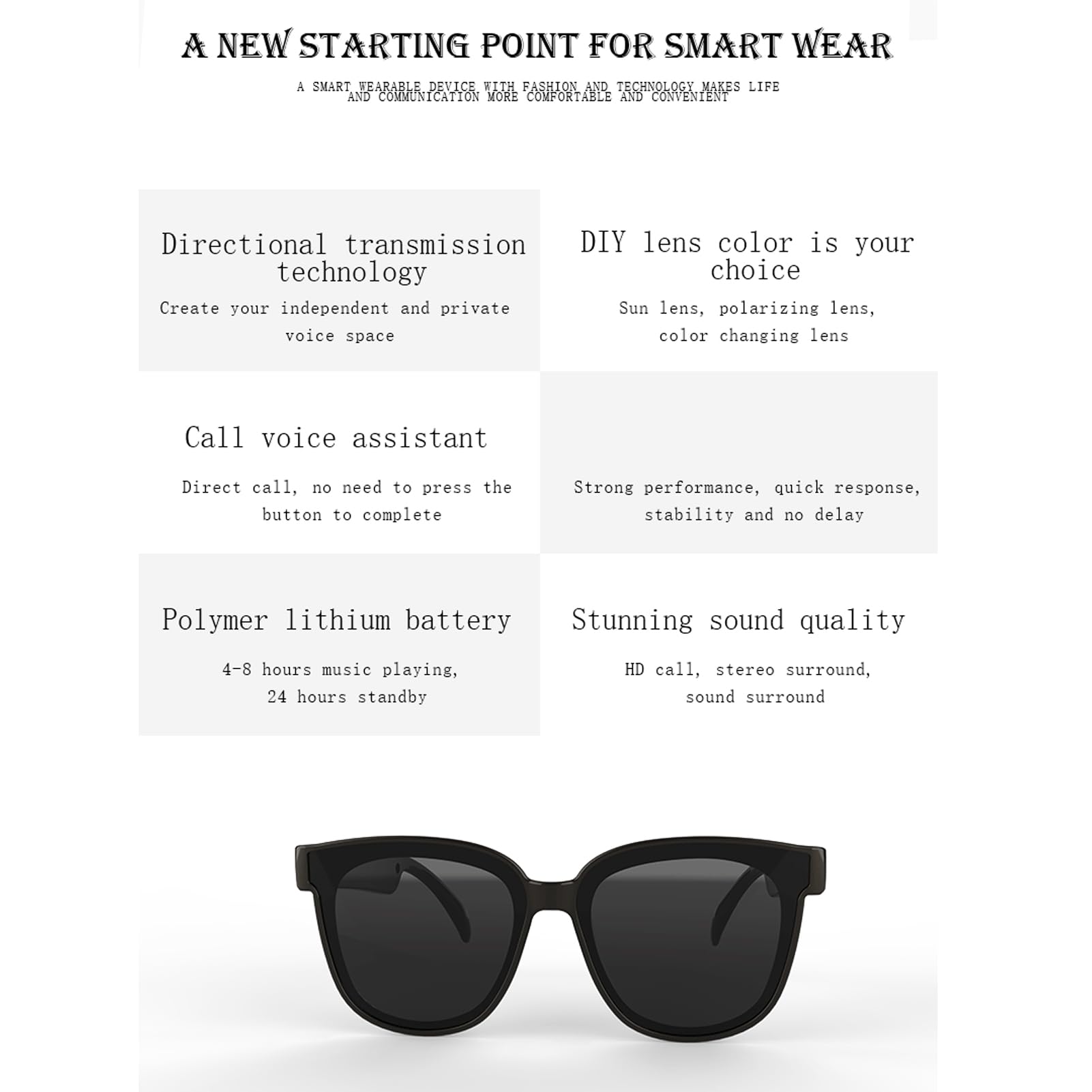 Gafas de Sol con música de oído Abierto con Bluetooth 5.0, Tiempo de Trabajo de 4 a 8 Horas, Sonido Envolvente 3D y Llamadas Manos Libres para Hombres y Mujeres para