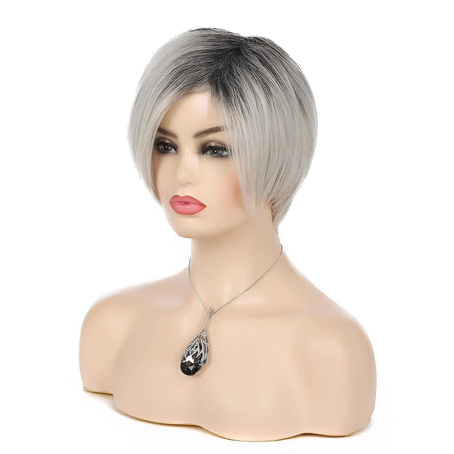 Short Grey Blonde Wigs Ombre Pixie Cut Hair Wigs for Women Bob Synthetic Straight Wig Cosplay Halloween Carnival