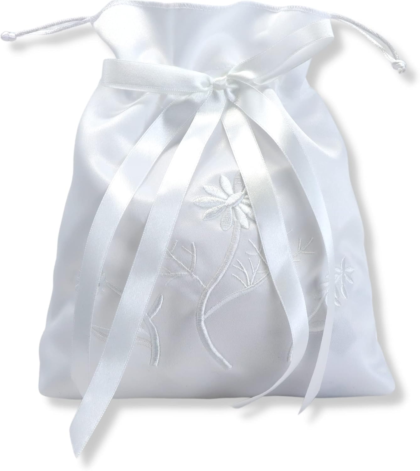 Needzo White First Communion Purse, Satin Bag with Embroidered Flower Details, Religious Gifts, 7 x 7 Inches