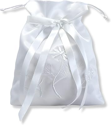 Needzo First Communion Purse, White Satin Pouch With Embroidered Flower Details, Catholic Gifts For Girls, 7 x 7 Inches