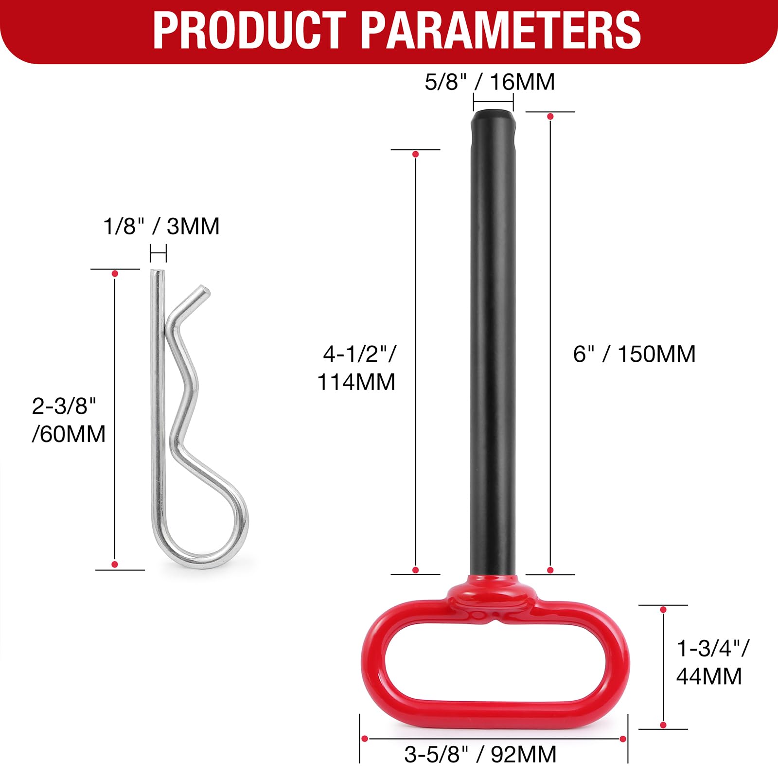 Anhängerkupplung Stift 5/8 x 6 Zoll Traktor Anhängerkupplung Stift mit R-Clip Pin für Rasenmäher Traktor Anhänger (Rot)