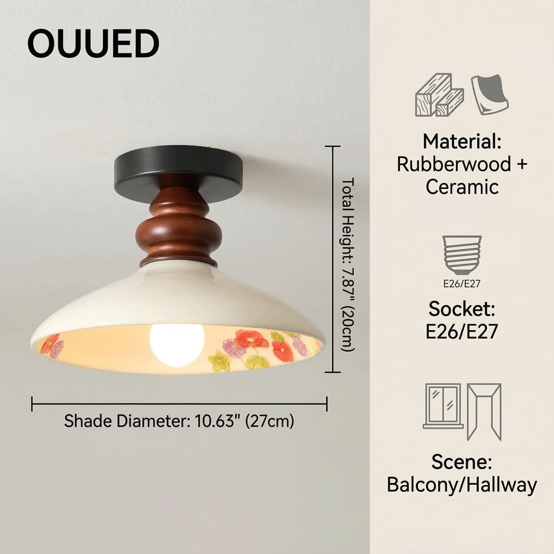 Ceramiczna Sufitowa, Z Drewna Kauczukowego Montowana Na Płasko, Porcelanowa Oprawa W Stylu Mid-Century Modern Z Kwiatowym Wzorem, Wystrój Retro Do Przedpokoju, Balkonu, Szafy, Korytarza, Domu