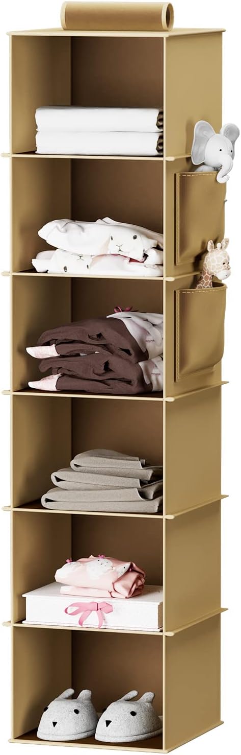 YOUDENOVA Hanging Closet Organizer, 6-Shelf Closet Hanging Storage Shelves, Khaki