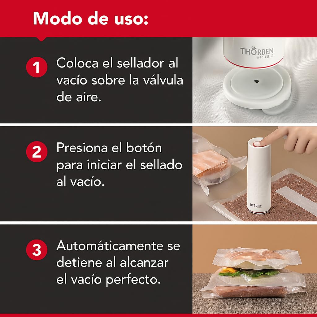 Thörben Envasadora al Vacío Inalámbrica USB-C con Autoapagado, Tupper Vidrio Borosilicato 1 L, 10 Bolsas Reutilizables (5S/5M), 2 Tapones Vino