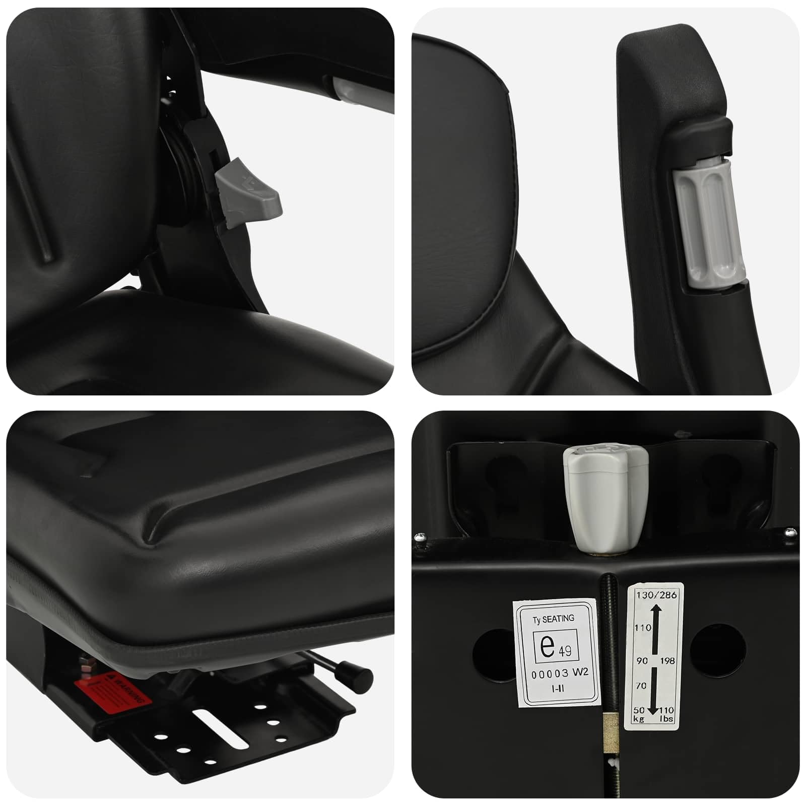 vidaXL Traktorsitz mit Federung Schwarz 60 x 58 x 72 cm Stahl und PVC, Verstellbarer Gabelstaplersitz, ergonomisches Design, E-Mark-zertifiziert, Stoßdämpfung, Komfort, langlebig