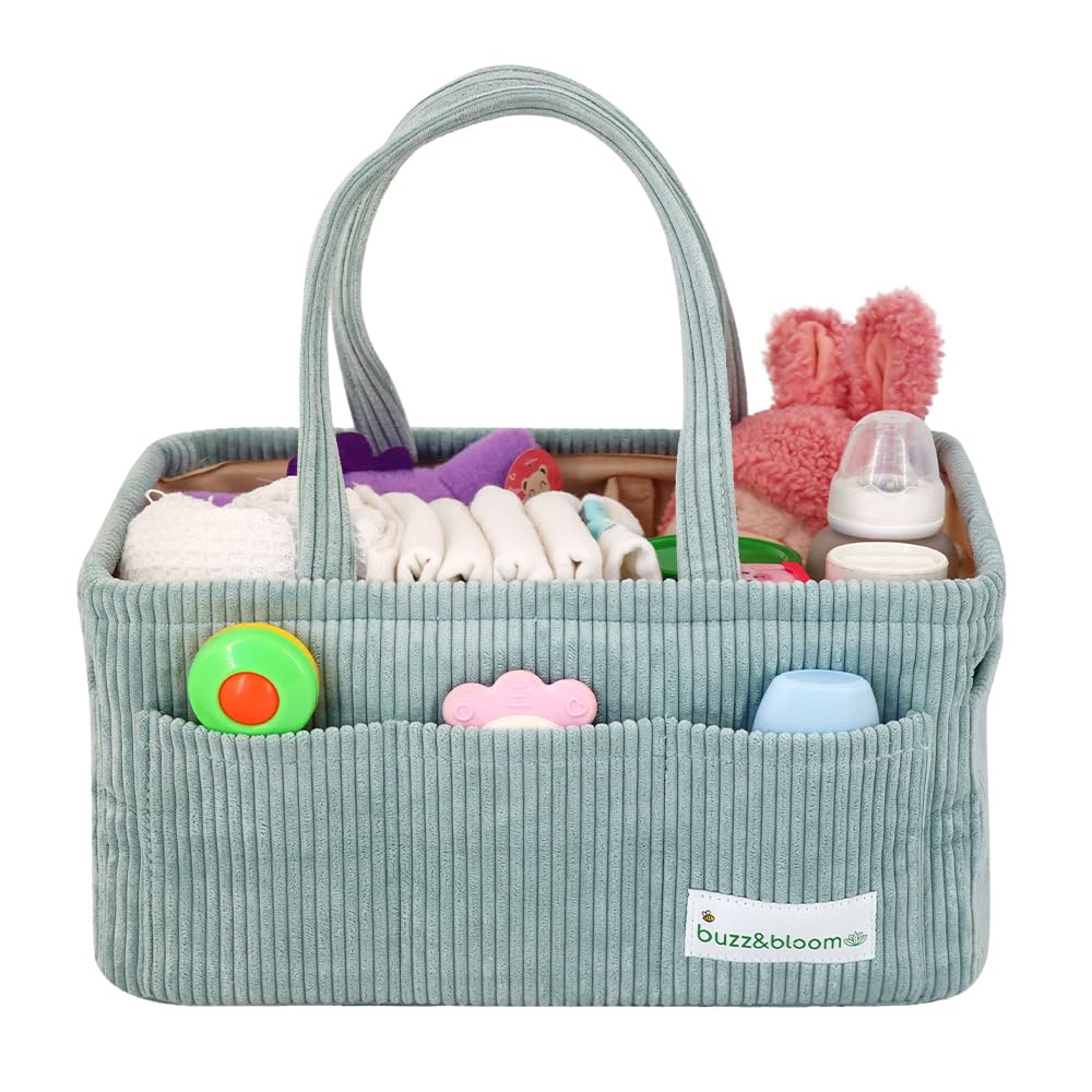 Buzz&Bloom Baby Diaper Caddy Organizer, Stylish Storage Basket for Newborn Essentials and Diaper Station, Gift for Baby Shower and Registry Must-Have (Sage)
