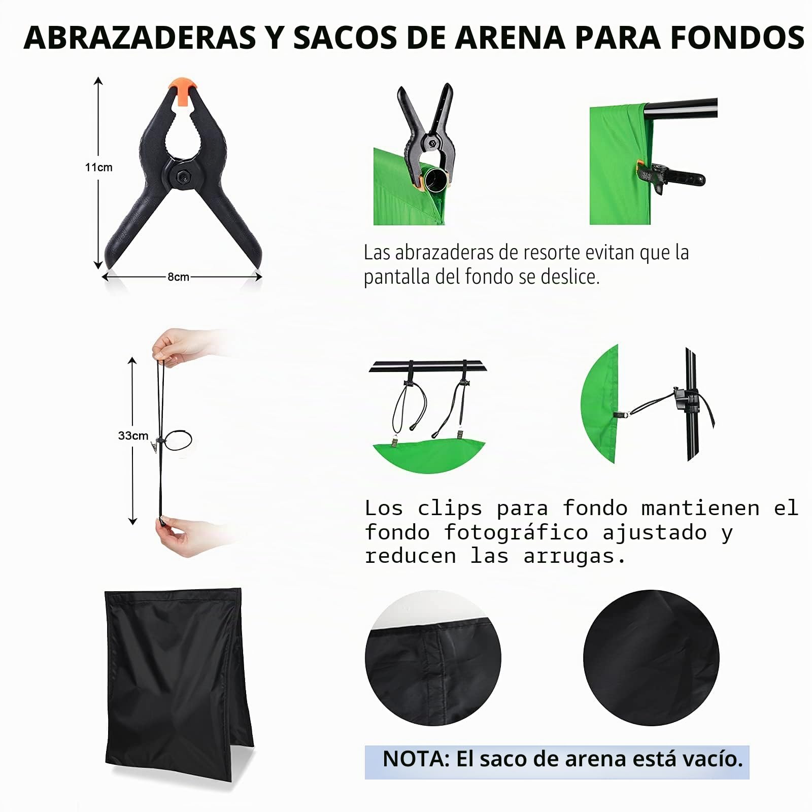 Kit de Soporte para Fondos 2,6 X 3 M Ajustable, Portafondos con 3 Telones de Fondo de Poliéster (Blanco, Negro, Verde) y 8 Pinzas para Estudio Fotográfico, Videos y Retratos
