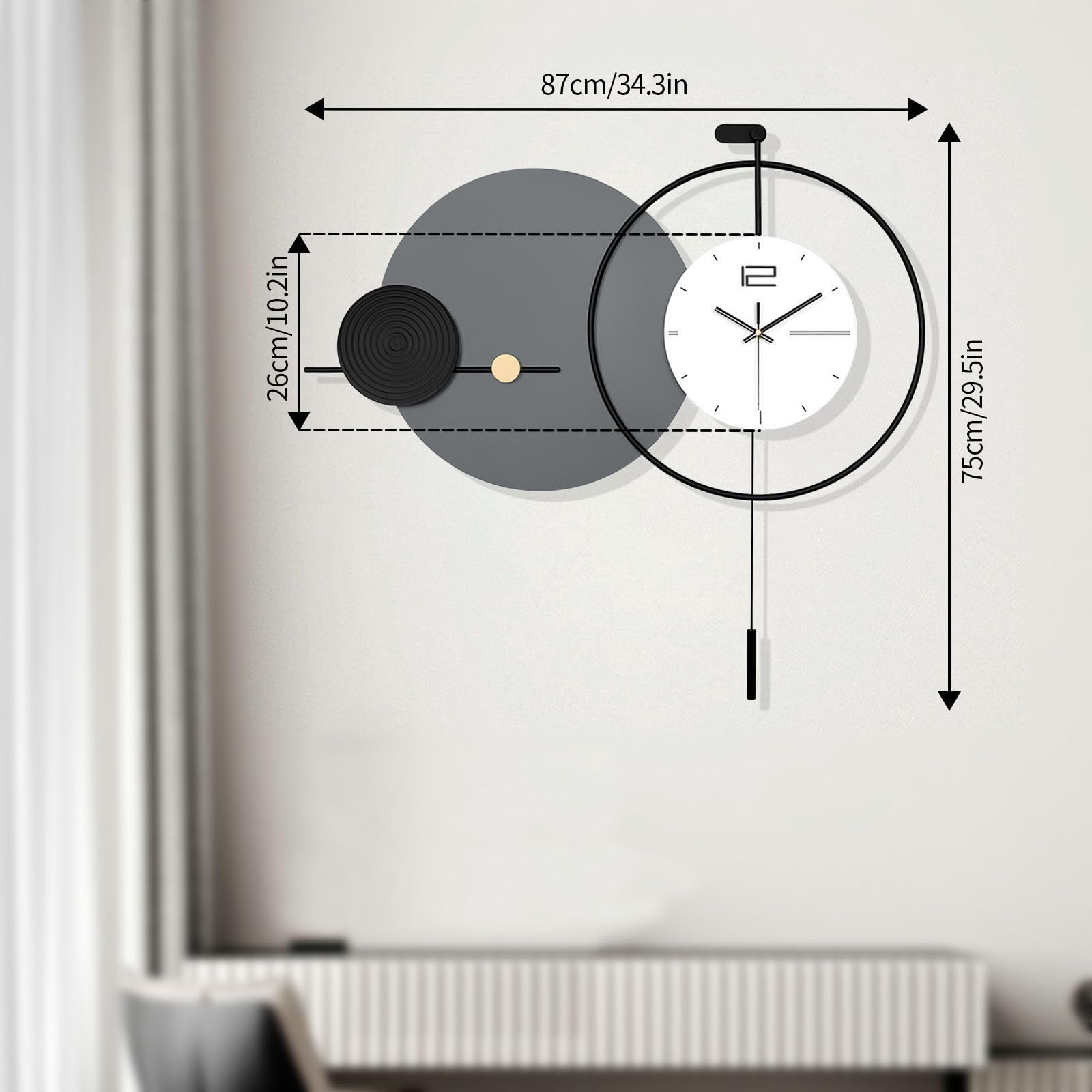 Große Wanduhr, Stille Wanduhren für Wohnzimmer Dekoration, Minimalistisch Modern Wanduhr mit Pendel, Batteriebetrieben für Schlafzimmer Küche Büro Haus