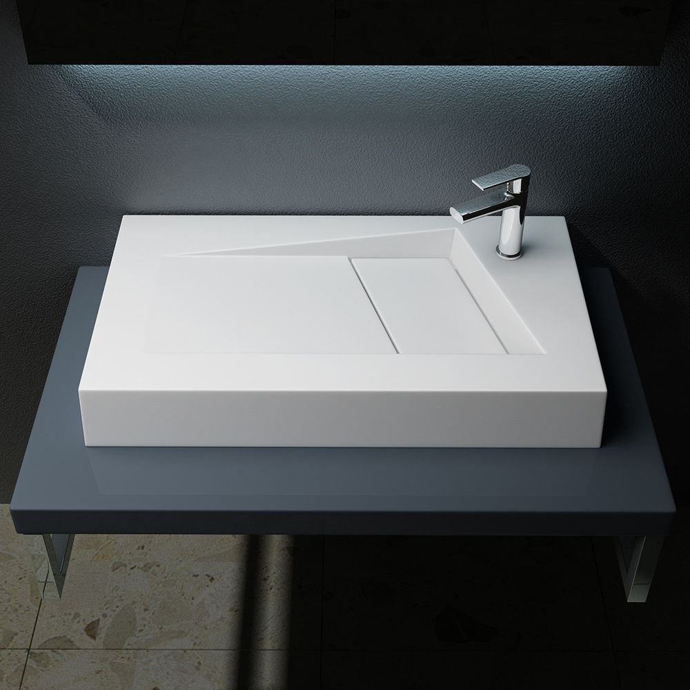 Durovin Bathrooms Luxurious Stone Resin Bathroom Basin - Wall Hung Or Countertop Mount Rectangular Bathroom Sink - One Corner Tap Hole - 800 x 460mm - Concealed Waste