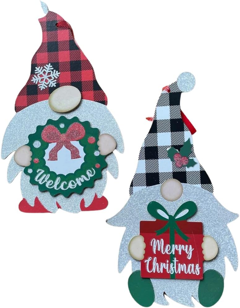 Christmas Indoor Signs - Set of 2 - 1 Gnome with Black/White Buffalo Plaid that says Welcome and 1 Gnome with Red/Black Buffalo Plaid that say Merry Christmas