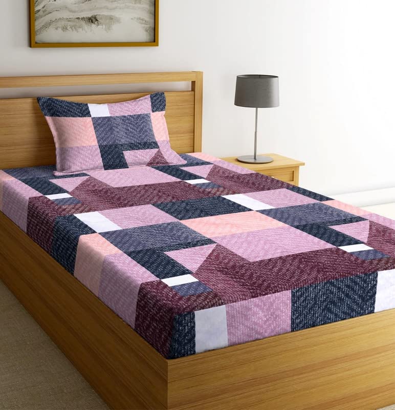 Premium Cotton 180TC Flat Single Bedsheets for Summer Breathable | Wrinklefree (Size-90 X 60 Inch) with 1 Pillow Covers(Size-18 X 28) Big Checks, Light Pink and Maroon