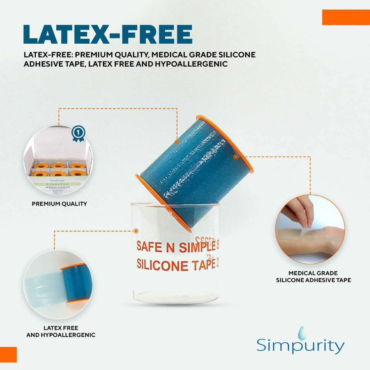 Safe n' Simple Simpurity DermaPro Waterproof Silicone Tape for Securing Wound Dressing, Waterproof First Aid Tape, Soft & Comfortable, Easily Removable Tape, 2" x 15'', Box of 6, (SNS57232) : Industrial & Scientific