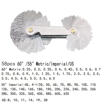 58 in 1 Thread Gauge Stainless Steel Metric American Imperial Screw Pitch 60 Degree and 55 Degree Thread Measuring Gauge