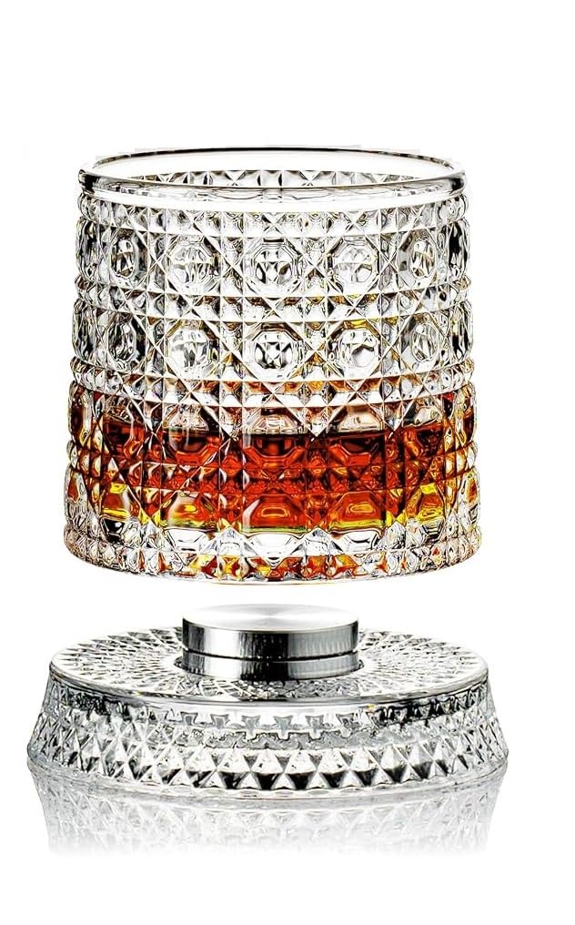 VILON Premium Rotating Whiskey Glass – 300ml Crystal Clear 360° Spinning Old Fashioned Tumbler | Lead-Free Carved Cut Glass for Whiskey, Scotch, Bourbon, Brandy & Cocktails (Pack of 1)