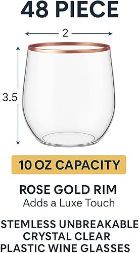Miniatura 2 de Oojami Paquete de 48 copas de vino pequeñas de plástico sin tallo de 10 onzas con borde de oro rosa, desechables, inastillables, vasos transparentes