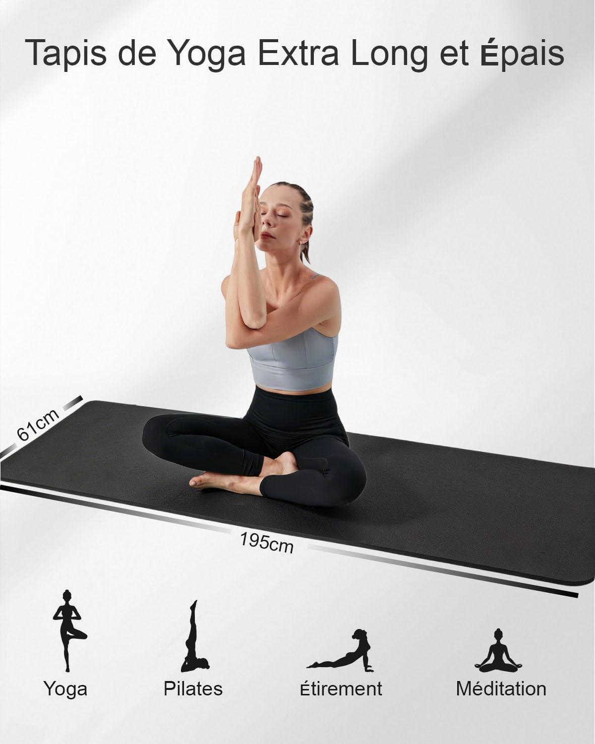 Tapis de Sport NBR 195×61cm 20mm Epais Tapis Yoga Antidérapant Tapis Gymnastique Epais Pour Pitates Fitness Gym avec Sac de Yoga | Mousse NBR, très épais, excellent amorti, antidérapant, pour gym,avec sangle et sac