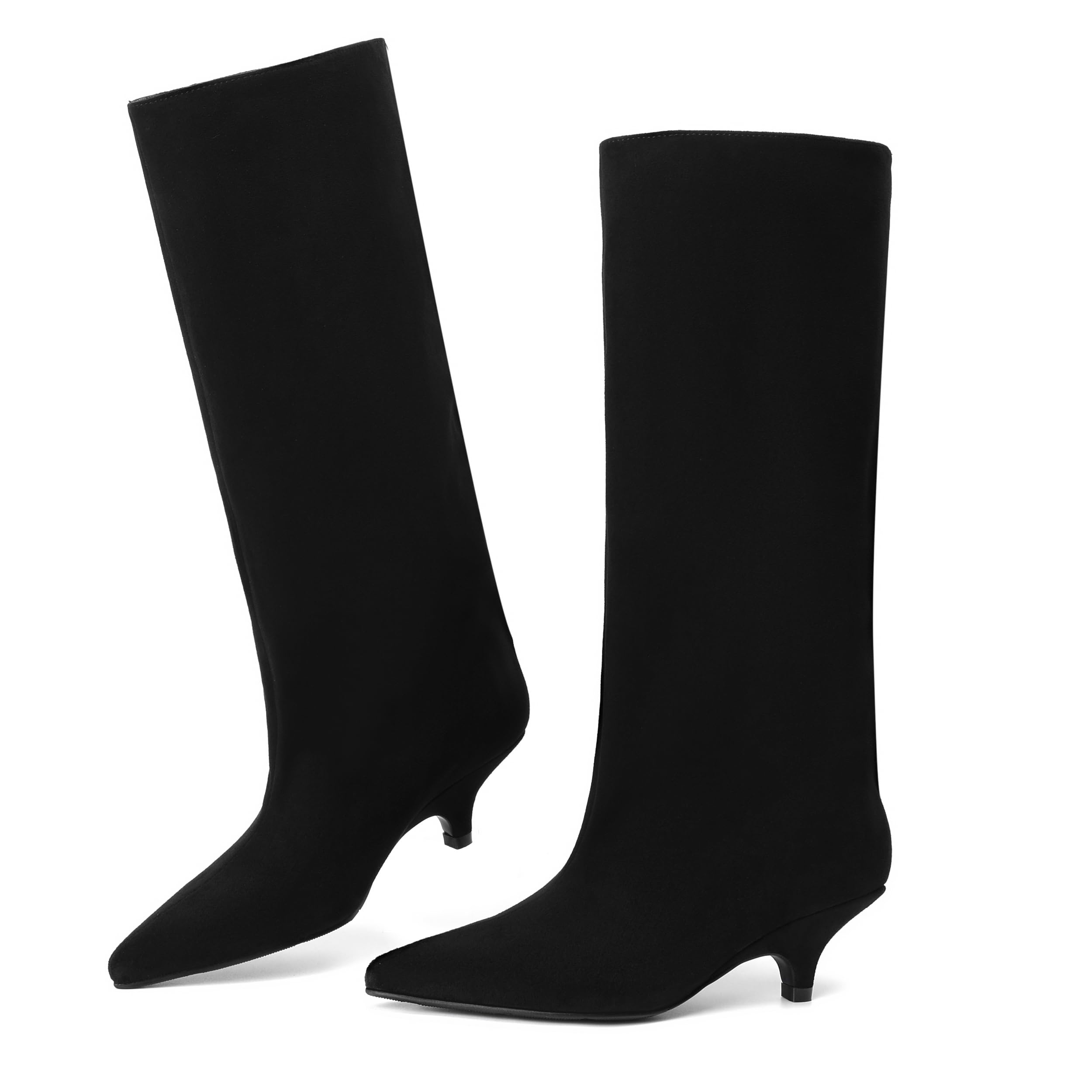 vivianly Knee High Boots for Women Pointed Toe Fold Over Black Boots Kitten Heel Comfortable for Dress Daily