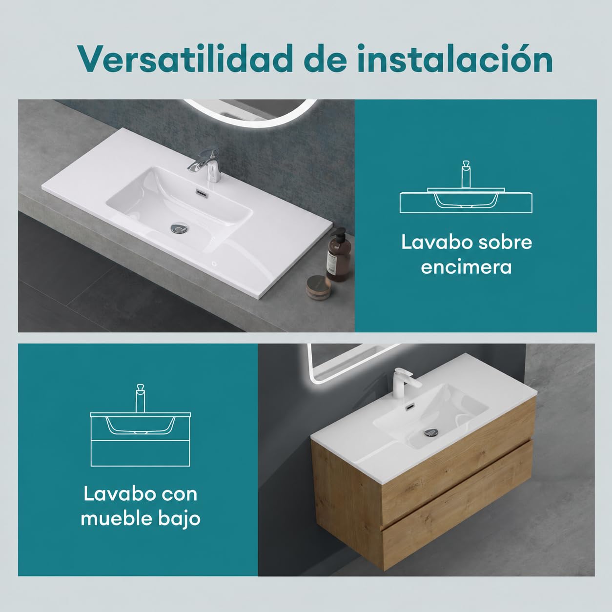 Mai & Mai Lavabo Empotrado sobre Encimera Baño Lavabo | Rectangular | Blanco Brillante | Mármol Fundido | 80x48x14cm | con Orificio para Grifo con Rebosadero | Colossum02 | Colossum02 - Lavabo empotrable rectangular con 1 orificio para grifo, función de r