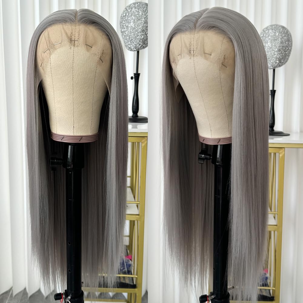 Long Gray Synthetic Lace Front Wigs Glueless Pre Plucked Heat Resistant Fiber Hair Straight Lace Front Wigs for Black Women 13 * 6 Frontal Lace Wigs