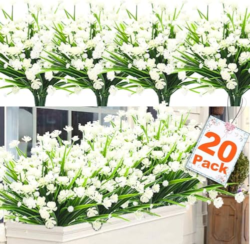 TURNMEON 20 Bundles Artificial Flowers for Outdoors Fake Plants Spring Summer Decor, UV Resistant Artificial Plants Cemetery Fake Flowers Faux Plastic Greenery Shrubs for Home Porch Decor(White)
