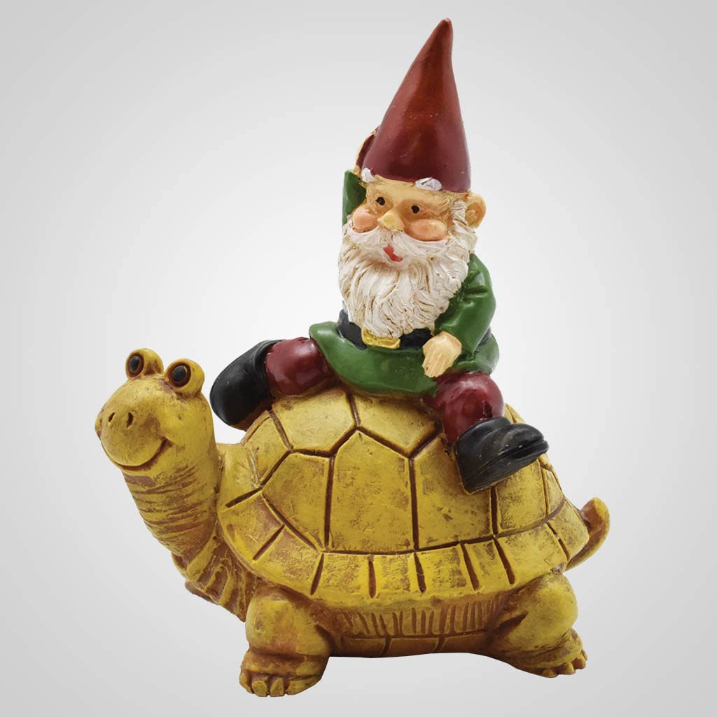 Gnomo sobre tortuga para decorar macetas y dar un toque alegre a tu terraza