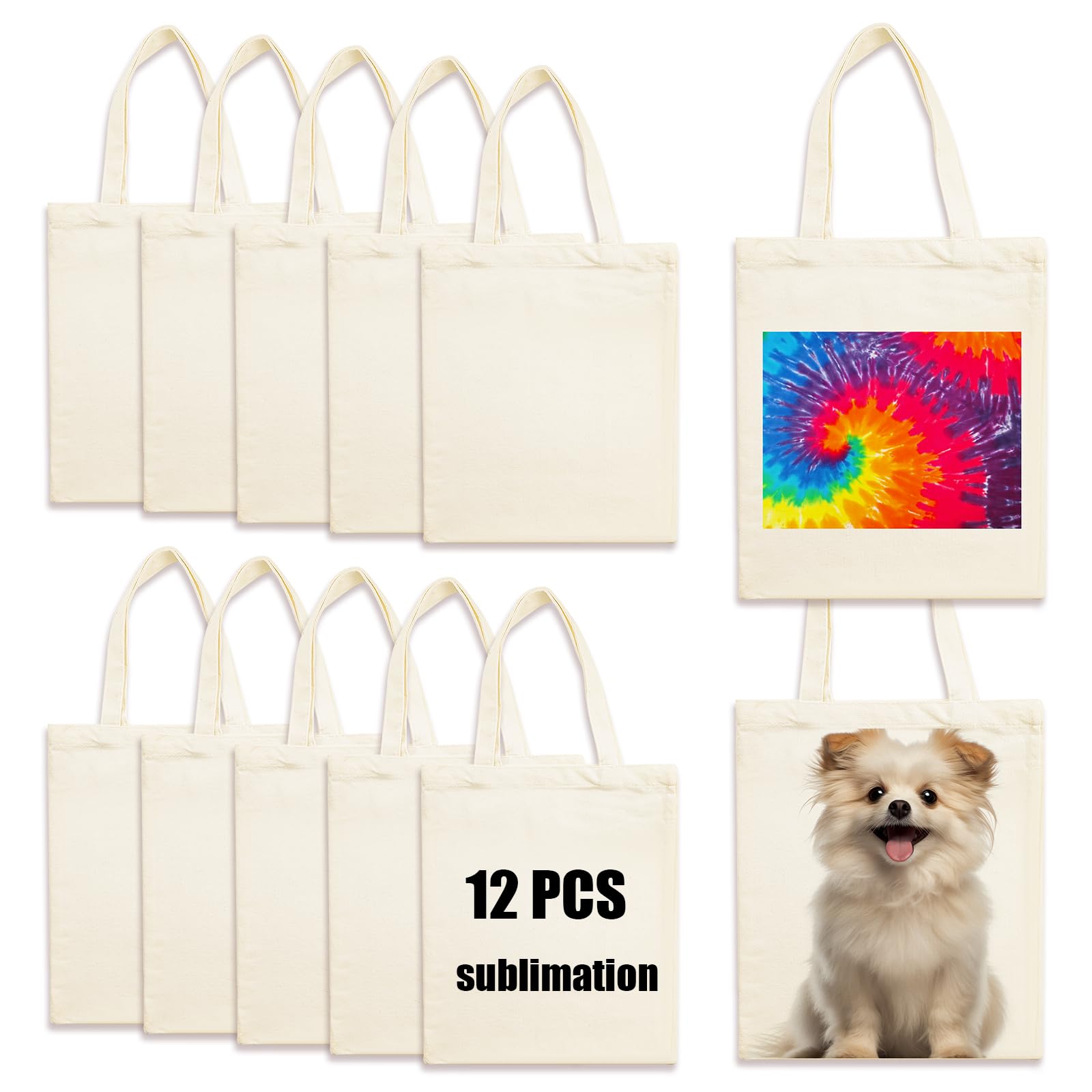 ORJ 12 PCS Sublimation blank canvas bags bulk,Polyester Shopping Tote Bags for Sublimation,DIY custom Blank Canvas Tote Bags 12.2 x 14.2 Inch