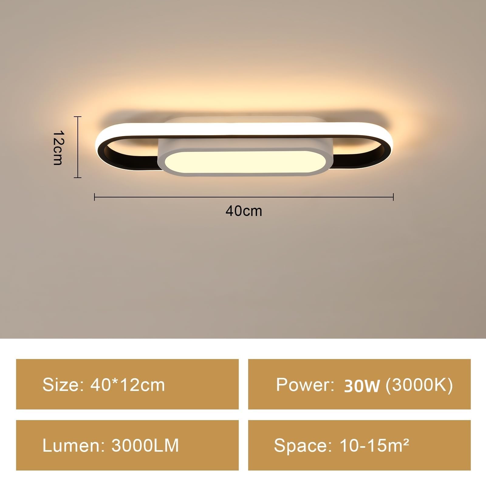 Riserva Plafón Led Techo Moderno, 30W 3000LM Rectangular Lámpara de Techo Led 3000K Luz Blanco Cálido, Luz de Techo de Acrílico para Dormitorio Cocina Pasillo, L40 *W12cm, Blanco y Negro