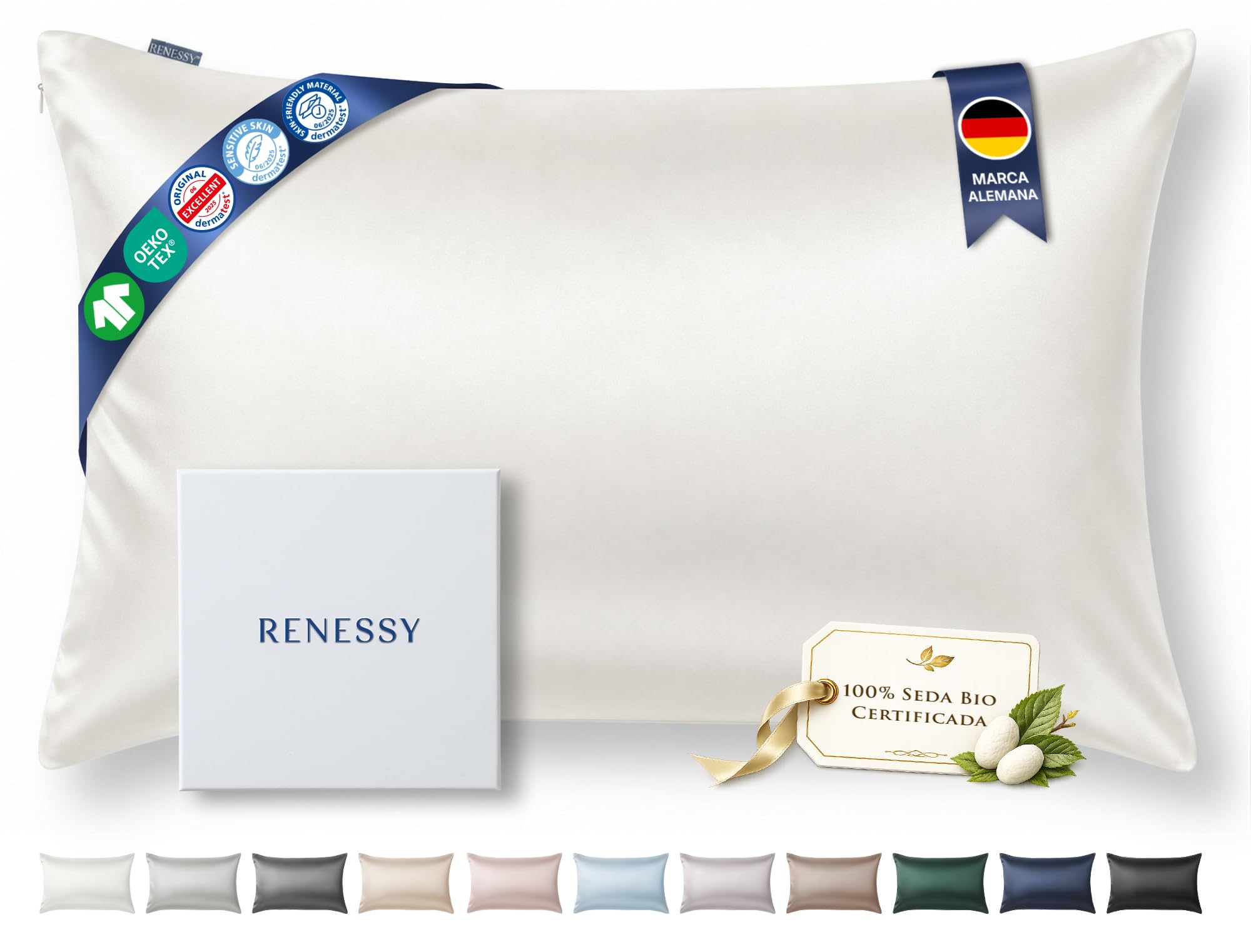 Funda de Almohada de Seda 100% Orgánica 50x90 cm - 22 Momme Seda de Morera, Grado 6A, certificada por Oeko-Tex en Alemania - Lujo para el Cabello y la Piel, 1 Unidad (Seda Natural Marfil)