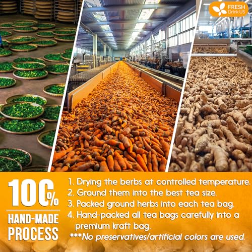 Image of FreshDrinkUS, Premium 55 Tulsi Turmeric Ginger Tea Bags, 100% Natural & Pure from Tulsi Holy Basil Leaves, Turmeric and Ginger. Made with Natural Material Tea Bags. No Sugar, No Caffeine, Vegan.