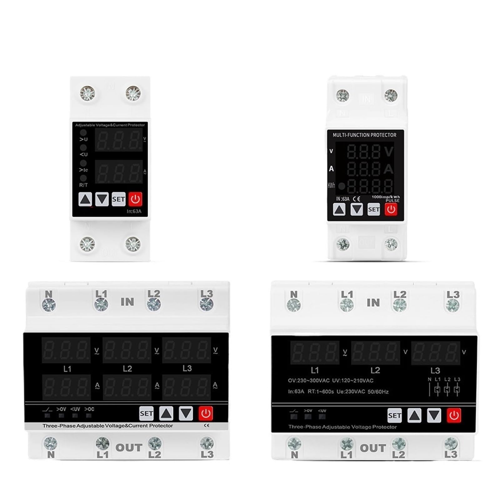Relais de protection sous-tension réglable 230V 1P+N 2P 4P triphasé 63A