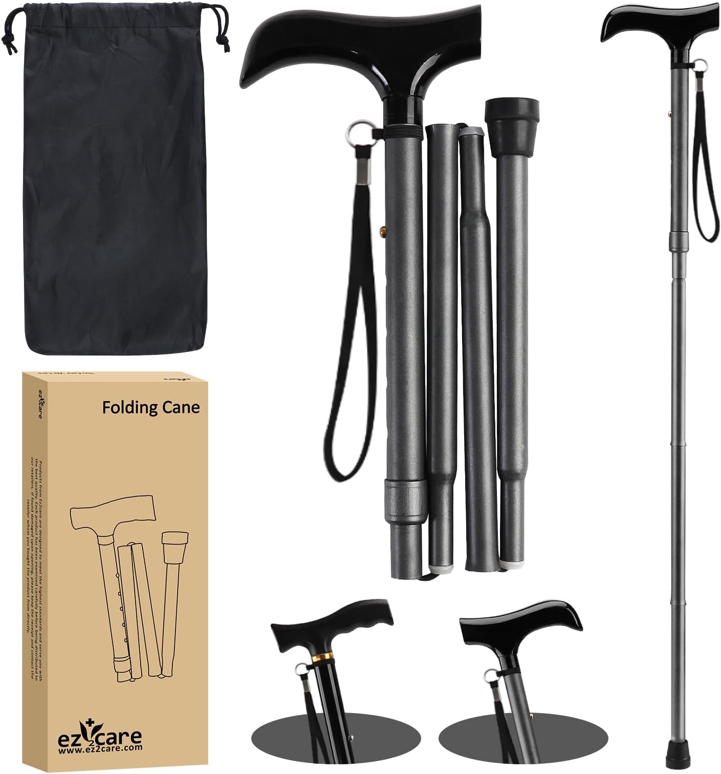 Ez2care Classy Adjustable Folding Cane with Carrying Case, Metallic Black