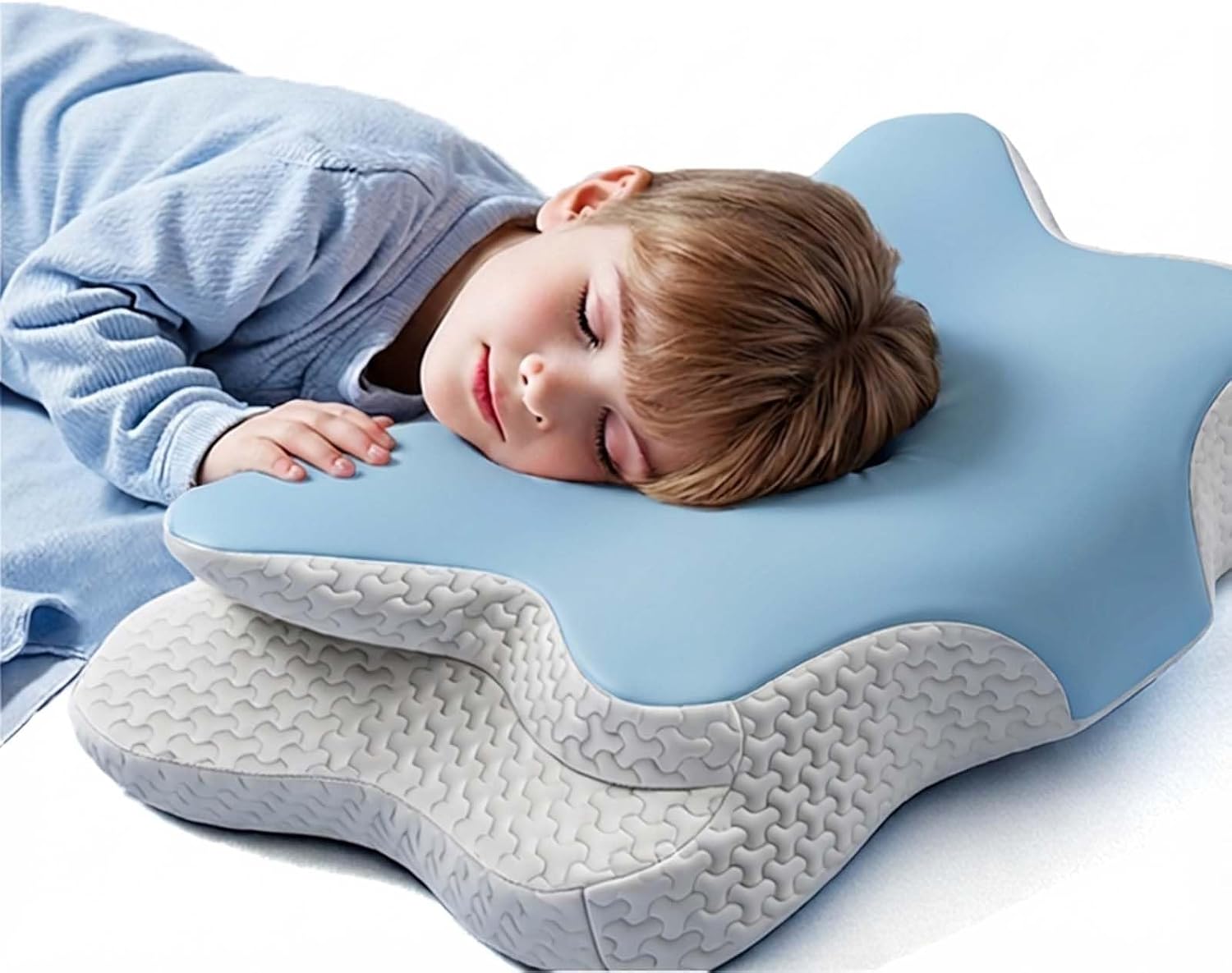 Memory Foam Kids Pillow, Kids Pillows for Sleeping, Ergonomic Contour Pillow and Pillowcase 22x13in (Blue Large)