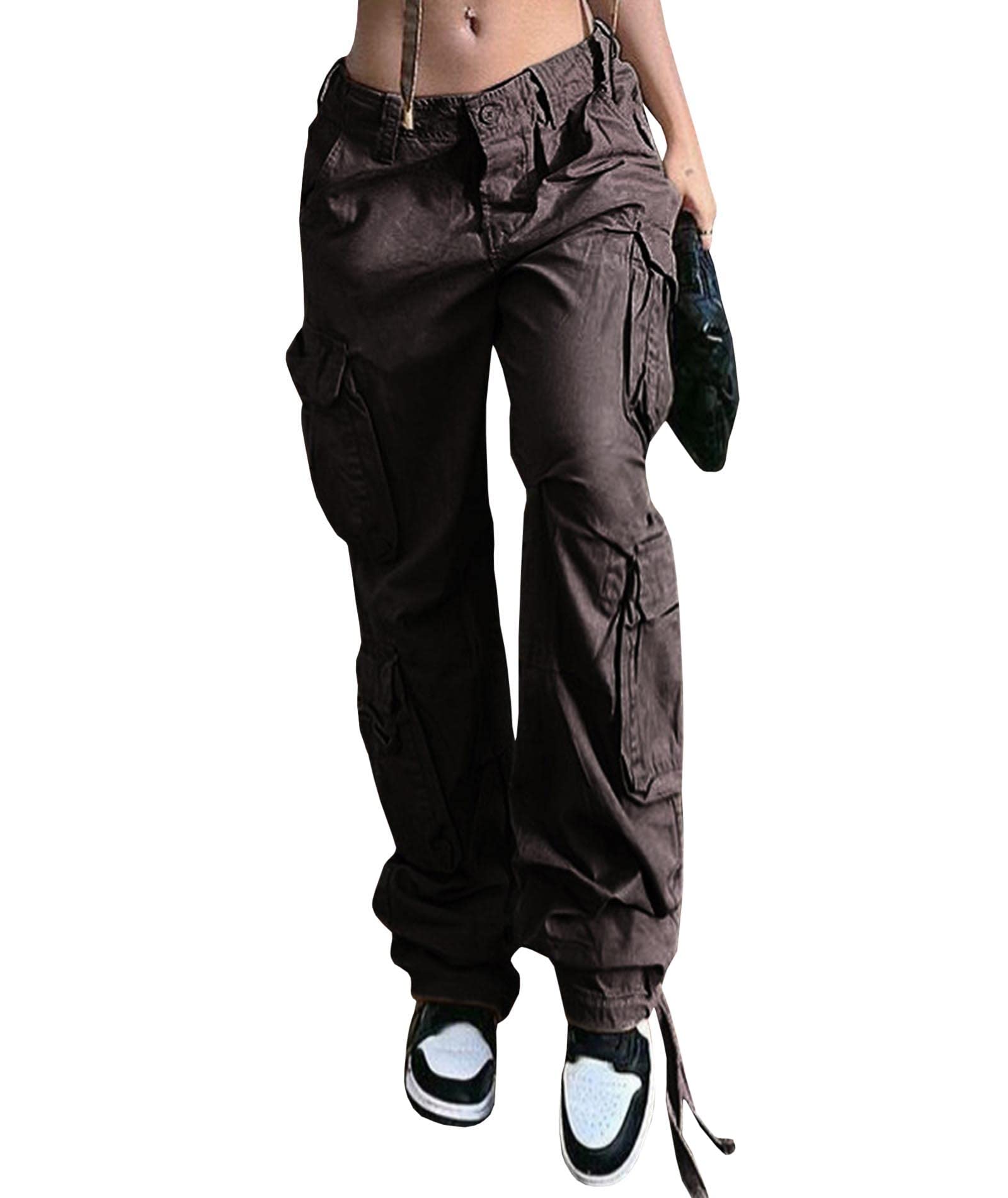 SEMATOMALA Womens Multi-Pockets Hip Hop Dance Cargo Flare Pants Baggy Punk Grunge Y2K 90s Boyfriend Trousers Streetwear