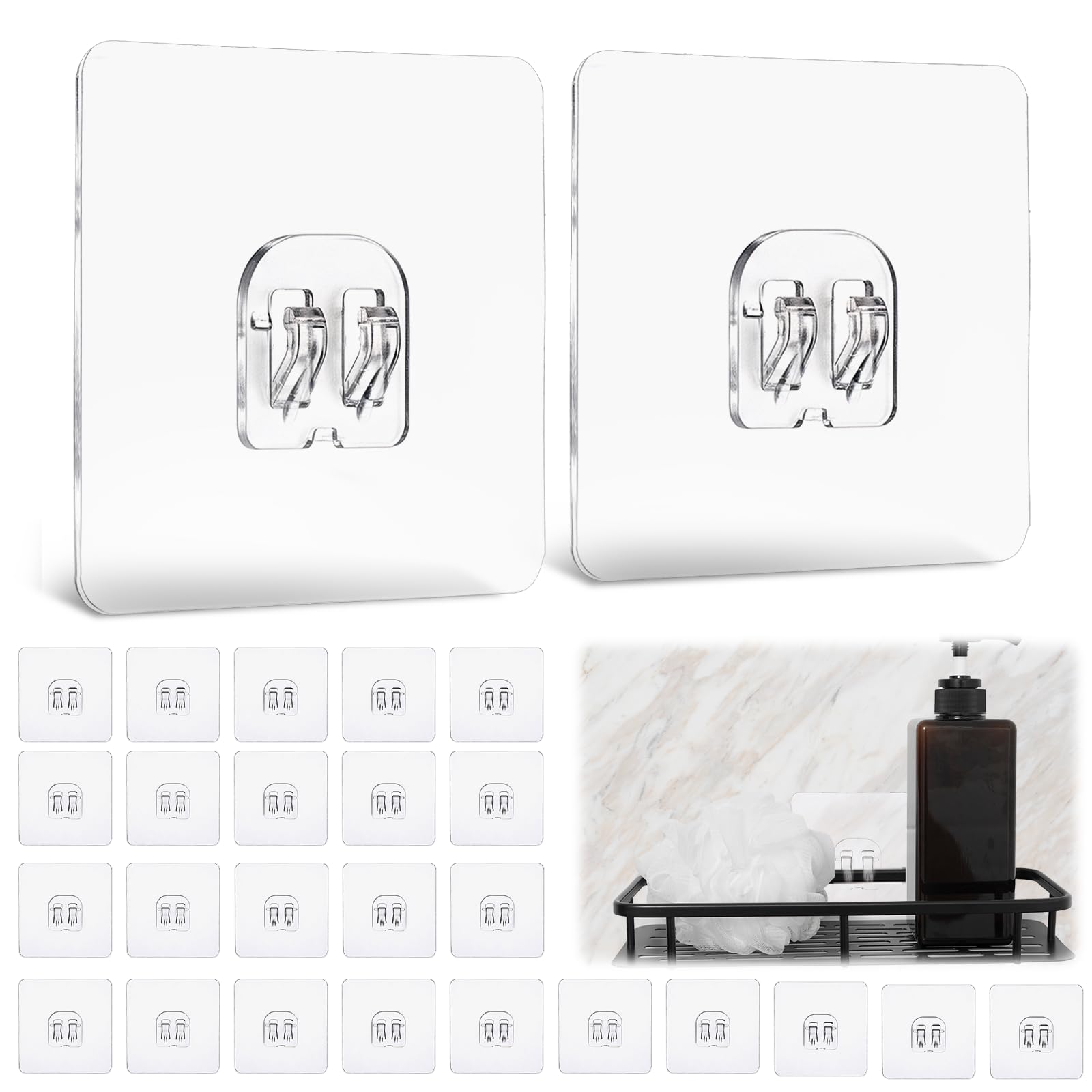 WJIAAA 25 Pack Shower Caddy Adhesive Hooks for Replacement Strong Transparent Sticky Strips No Drill Bathroom Kitchen Shelf