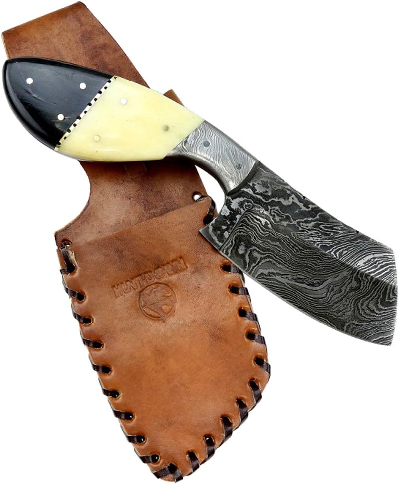 HUNT-DOWN 9" Damascus Blade Horn Handle Hunting Knife with Leather Sheath