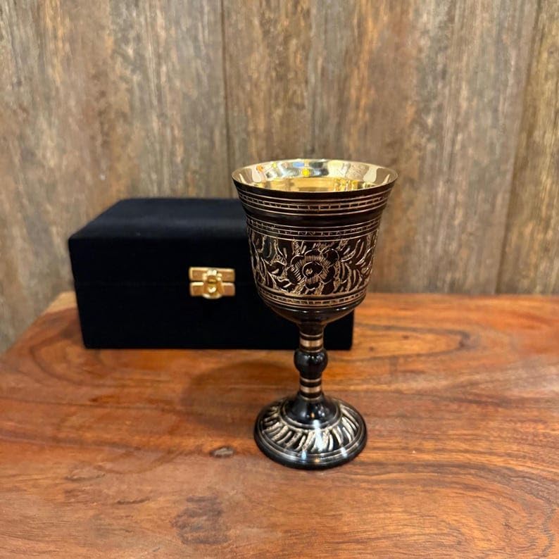 Vintage Engraved Brass Wine Chalice Goblet 6 Inch With Black Box 6 Inch
