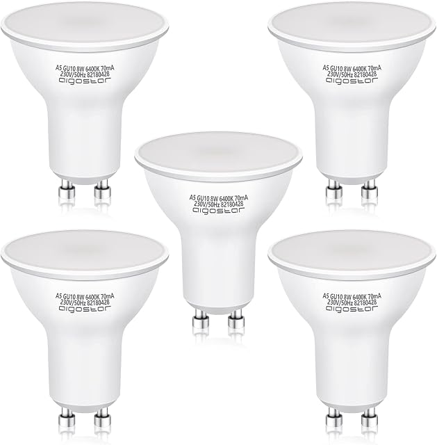 Aigostar GU10 LED Bulbs Cool White, 8W 6400K 600 Lumen, 5 Pcs/Box, 160° Beam Angle, Flicker Free