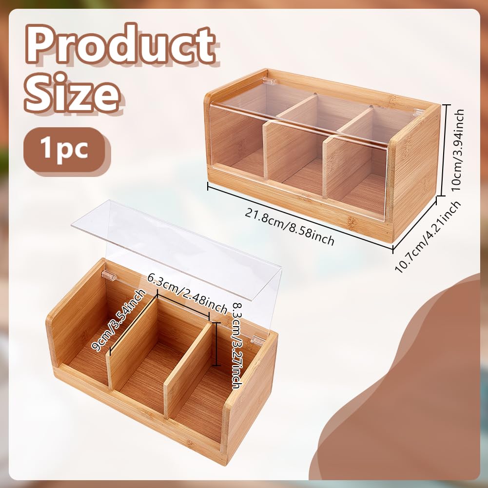 OLYCRAFT Organizzatore per Bustine di Tè 3 scomparto Scatola Portaoggetti In Bambù con Coperchio Trasparente In Acrilico Organizzatori per Tè Bustine di Caffè Zucchero Piano Lavoro Della Cucina