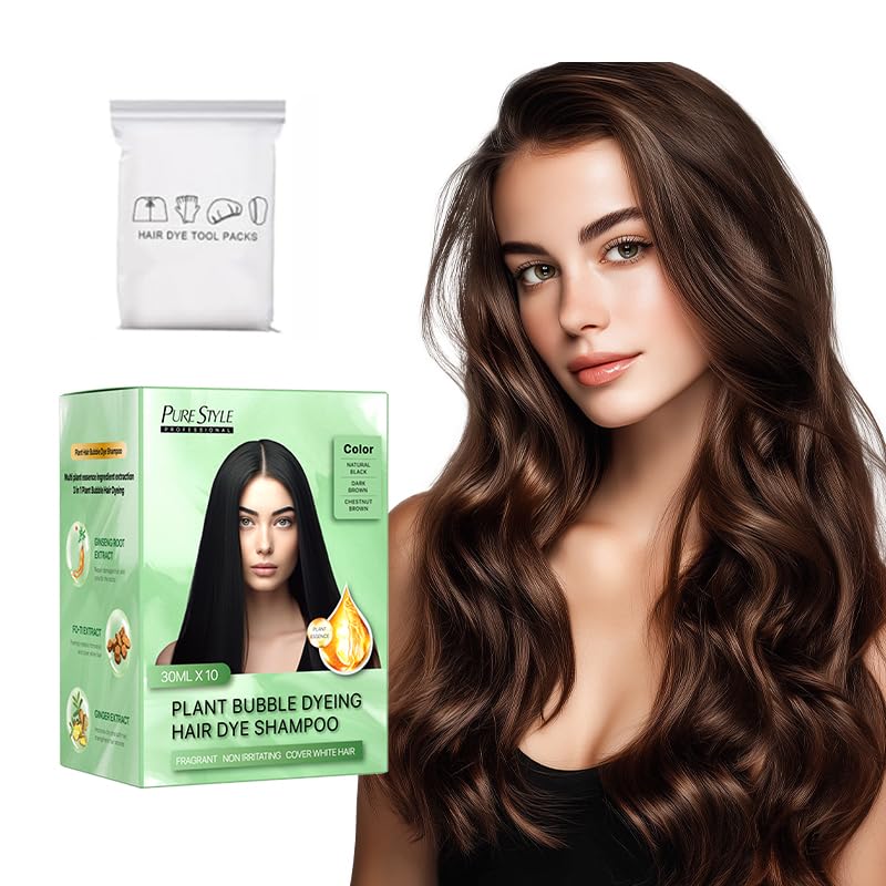 PURESTYLE Plant Based Bubble Hair Dye Shampoo 3 in 1 for Women/Men, Herbal Natural Hair Color for Gray Hair Coverage Ammonia-Free, 30ml x 10 Sachets + Include Dye Tool kit (CHESTNUT BROWN)