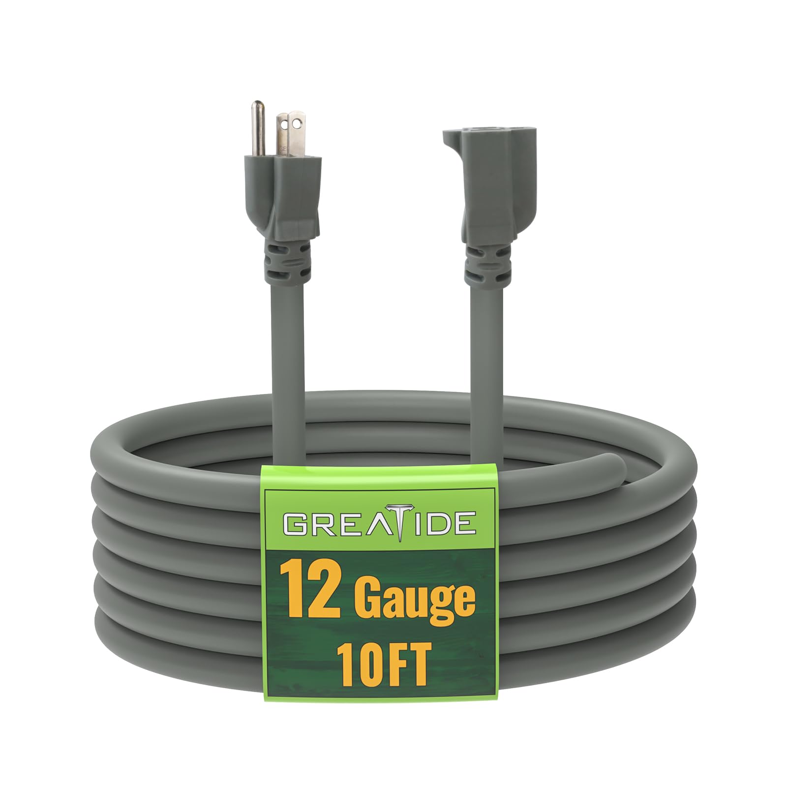 GREATIDE 10 Ft Outdoor Extension Cord - 12/3 SJTW Heavy Duty Grey Extension Cable with 3 Prong Grounded Plug - Power Cord for Lawn, Garden, Appliances