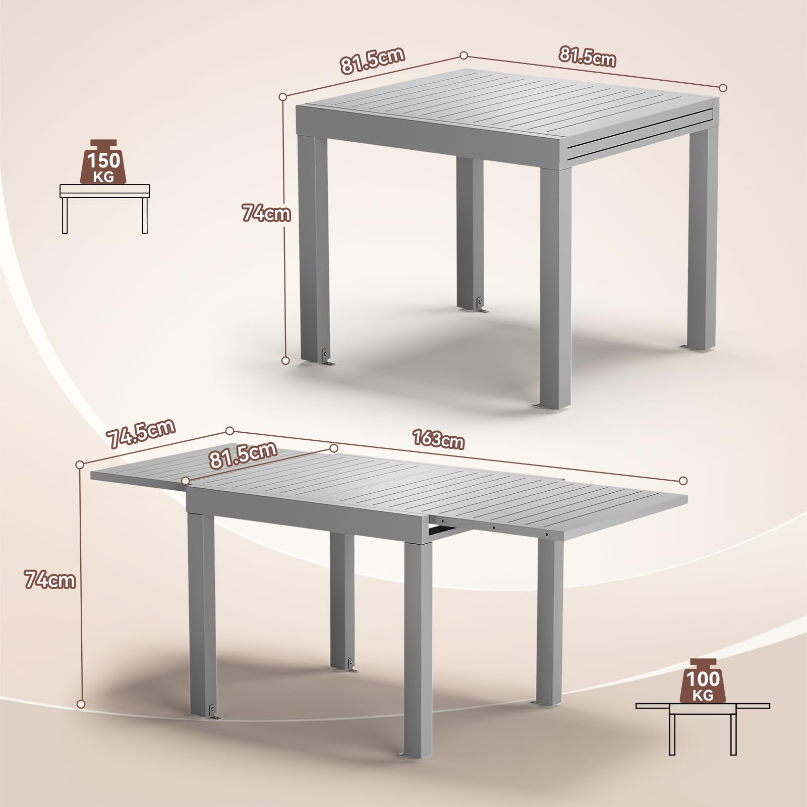 JUMMICO Tavolo da Giardino Estensibile 260x80cm per 6-10 Persone - Alluminio Antiruggine, Imputrescibile e Facile da Pulire - Design Compatto con Prolunga Resistente alle Intemperie