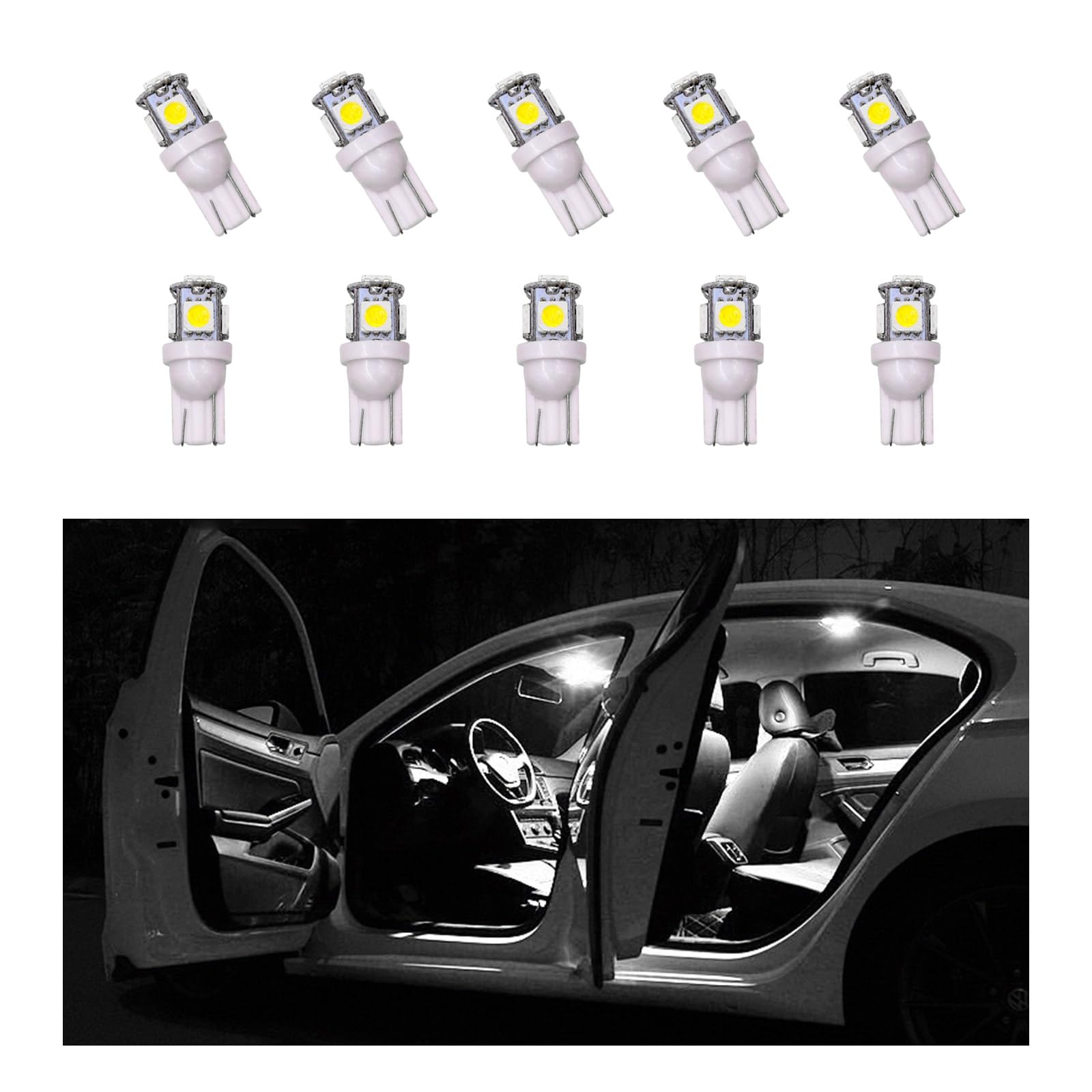 10 PCS Car Interior LED Light Bulb, T10 5050 5SMD LED Car Bulb Kit, Super Bright Automotive Led Replacement Bulbs for Dashboard Dome Map Door Courtesy License Plate Lights (White)