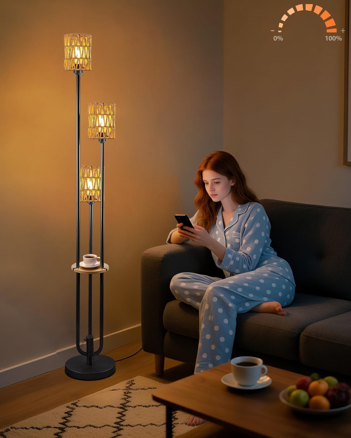 63IN Dimmable Floor Lamp with Shelf, Black Rattan Tall Standing Lamps Candle Holder Style, 3000K Warmwhite Mid Century Modern Floor Lamp for Living Room (Bulbs Included)