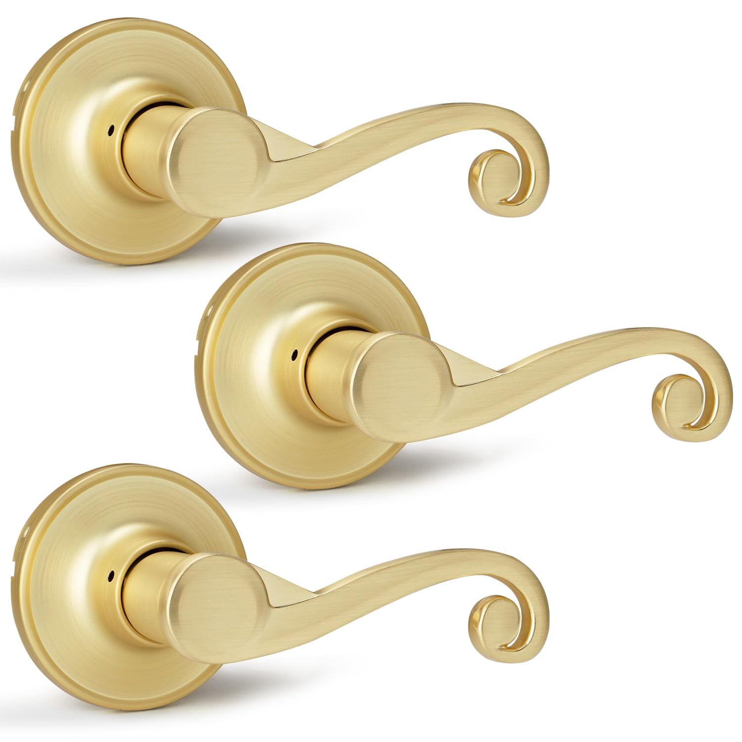 Bonpoly 3 Pack Brass Door Knobs, Interior Dummy Door Handles, Suitable for Closet/Pantry, Gold Door Lever Without Lock, Righ Sided Door Use, Unique Wave Design